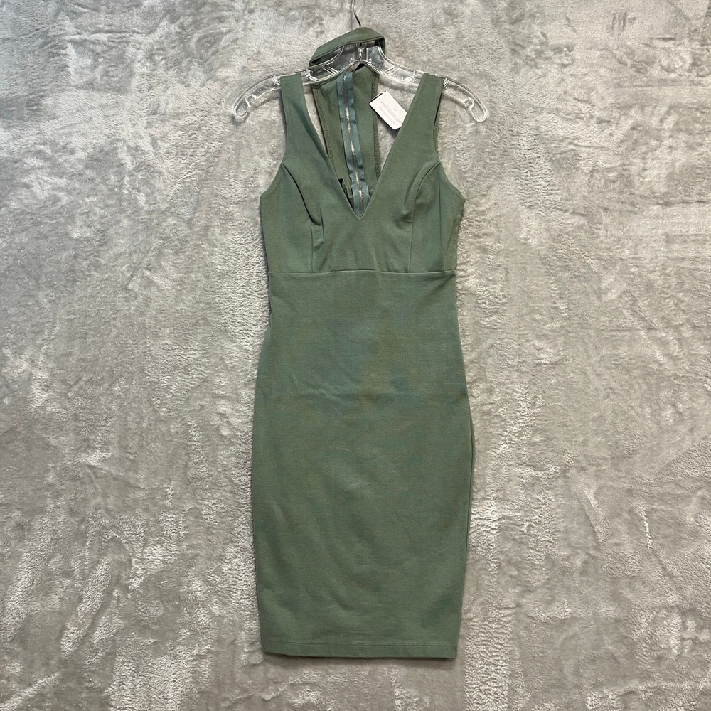 Windsor Bodycon Dress Women Small‎ Green V-Neck Open Back Exposed Zipper D5772